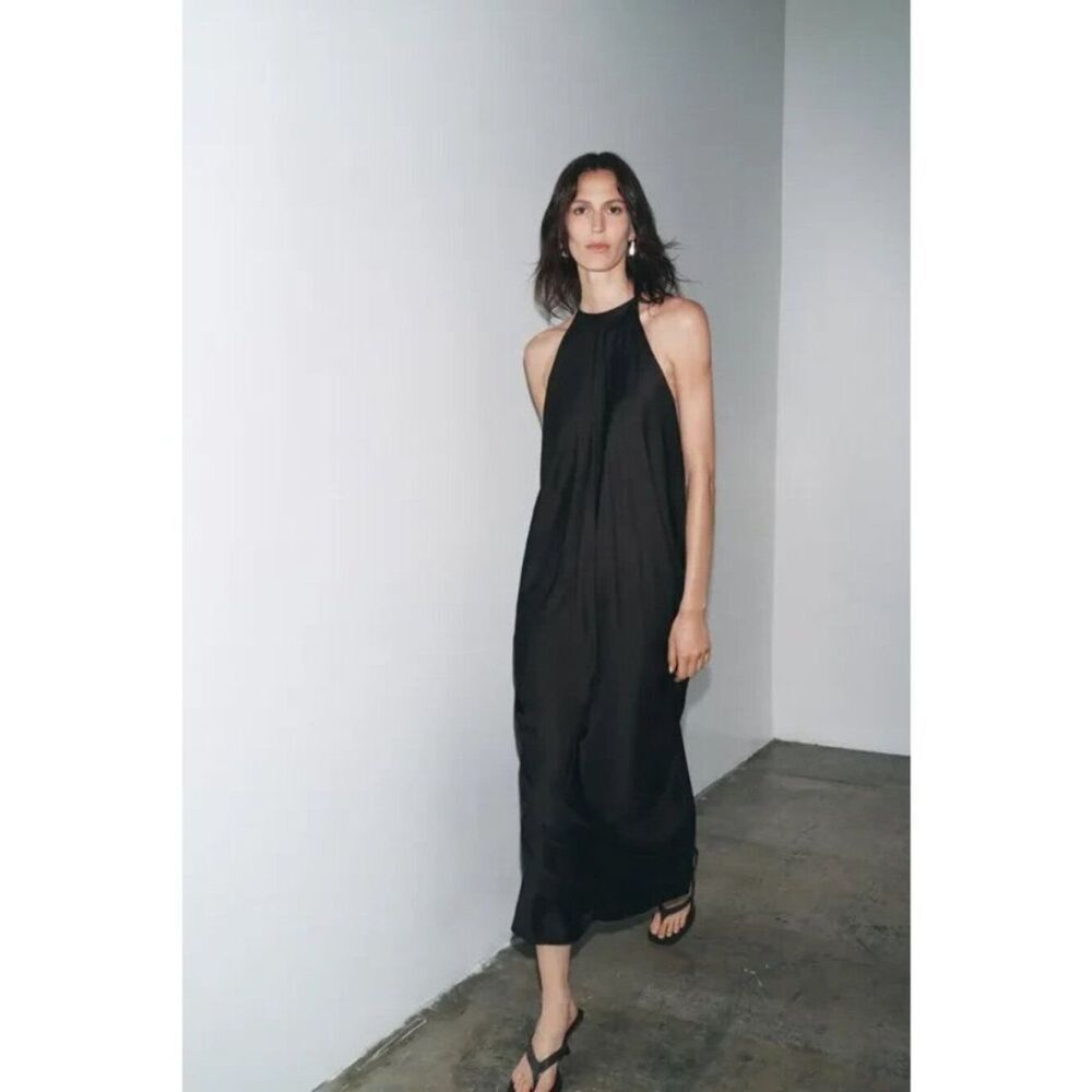 Zara Womens Midi Halter Neckline Satin Effect Dress Medium Black 3068/965 NWD